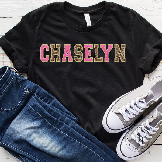 Chaselyn Hot Pink/leopard/gold Faux Chenille Letters Graphic Tee