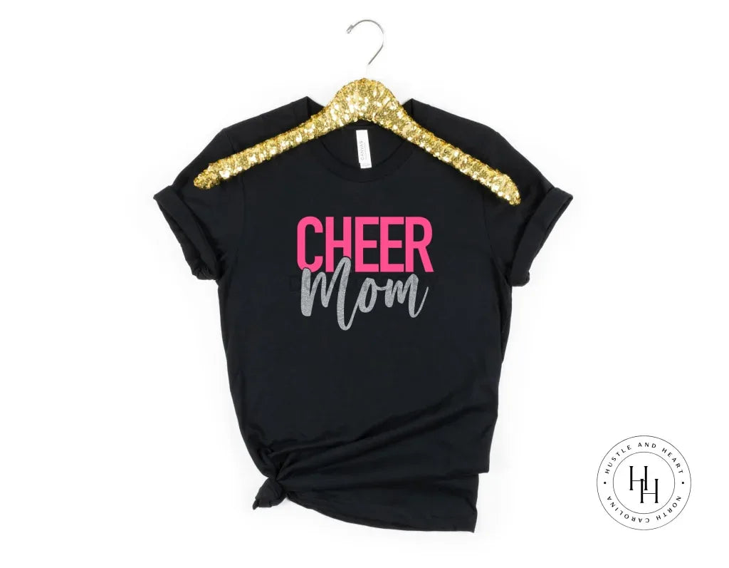Cheer Mom Bright Blue/Hot Pink and Silver Faux Glitter Graphic Tee - Merch Girls
