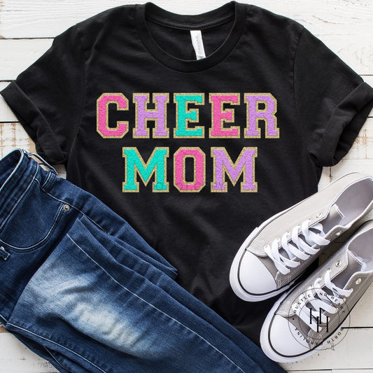 Cheer Mom Two Lines Faux Chenille Letters Graphic Tee Dtg