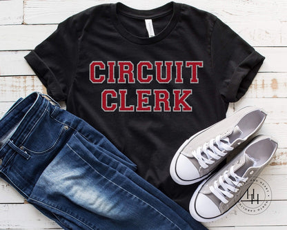 Circuit Clerk Red/silver Faux Chenille Letters Graphic Tee Dtg
