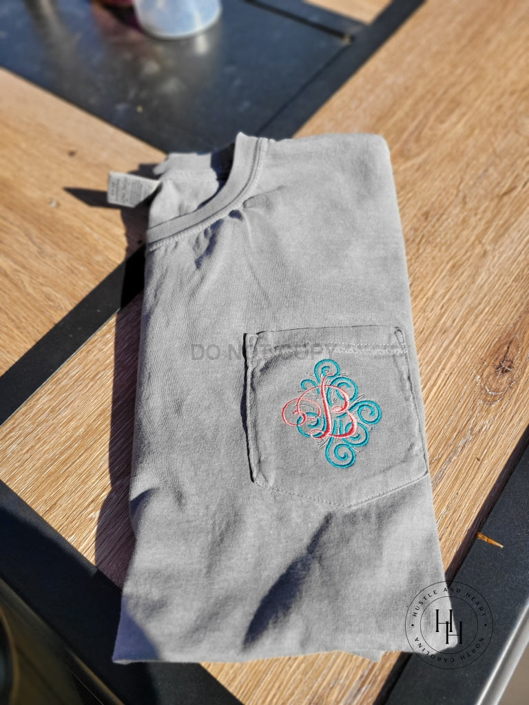 Comfort Color Swirly Fancy Single Letter Monogram Pocket Tee Embroidered