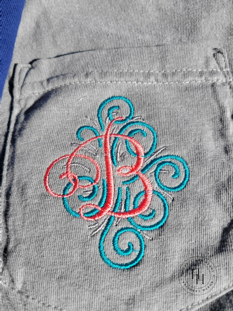 Comfort Color Swirly Fancy Single Letter Monogram Pocket Tee Embroidered