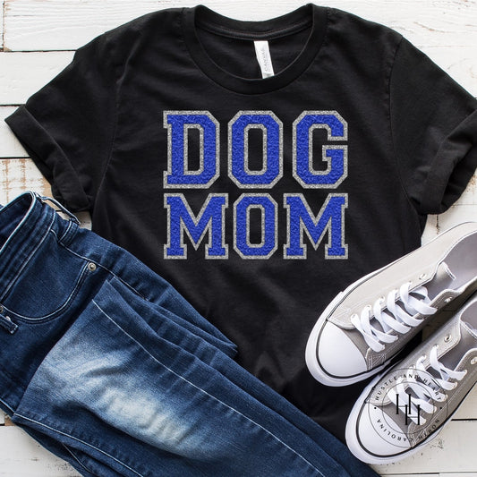 Dog Mom Blue/silver Faux Chenille Letters Graphic Tee