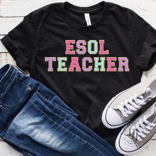 Esol Teacher Hot Pink/lilac/mint/gold Faux Chenille Letters Graphic Tee