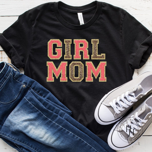 Girl Mom Coral/leopard/gold Faux Chenille Letters Graphic Tee