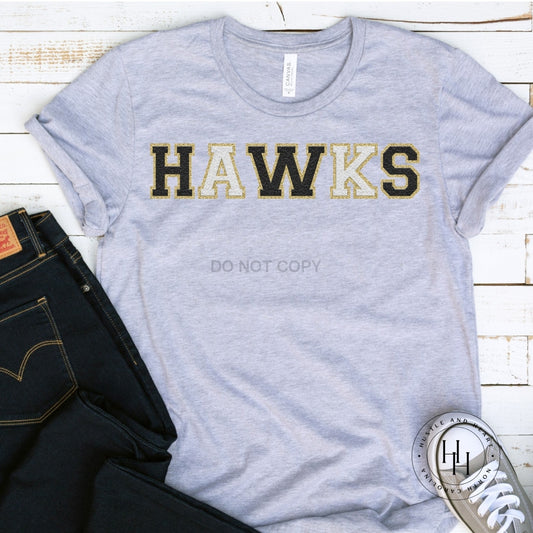 Hawks Black/gold White/gold Faux Chenille Letters Graphic Tee