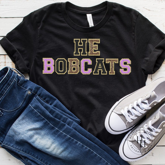 He Bobcats Black Tee Faux Chenille Letters Graphic