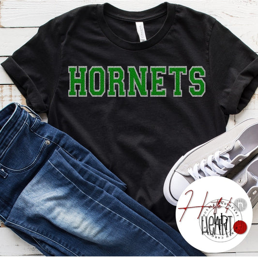 Hornets Green/silver Faux Chenille Letters Graphic Tee