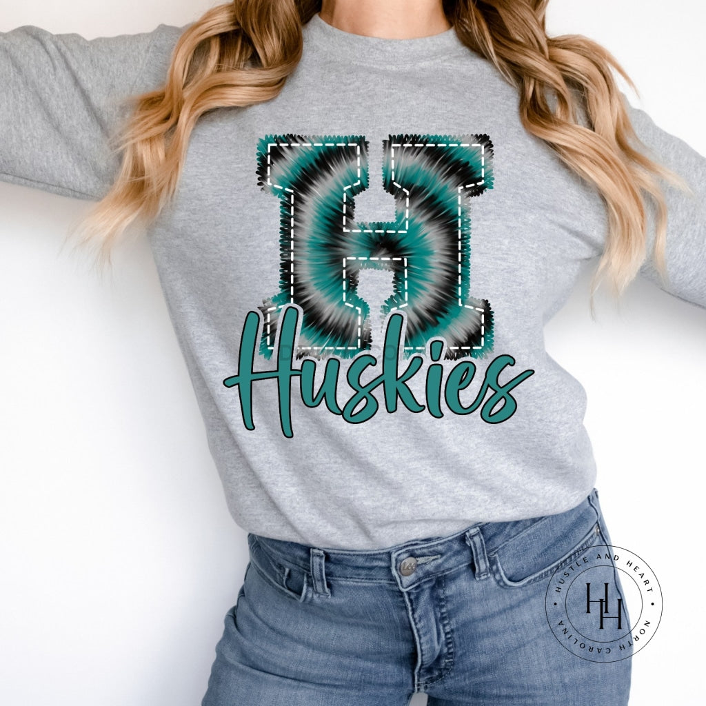 Huskies Teal White Black Faux Embroidery Graphic Tee Shirt