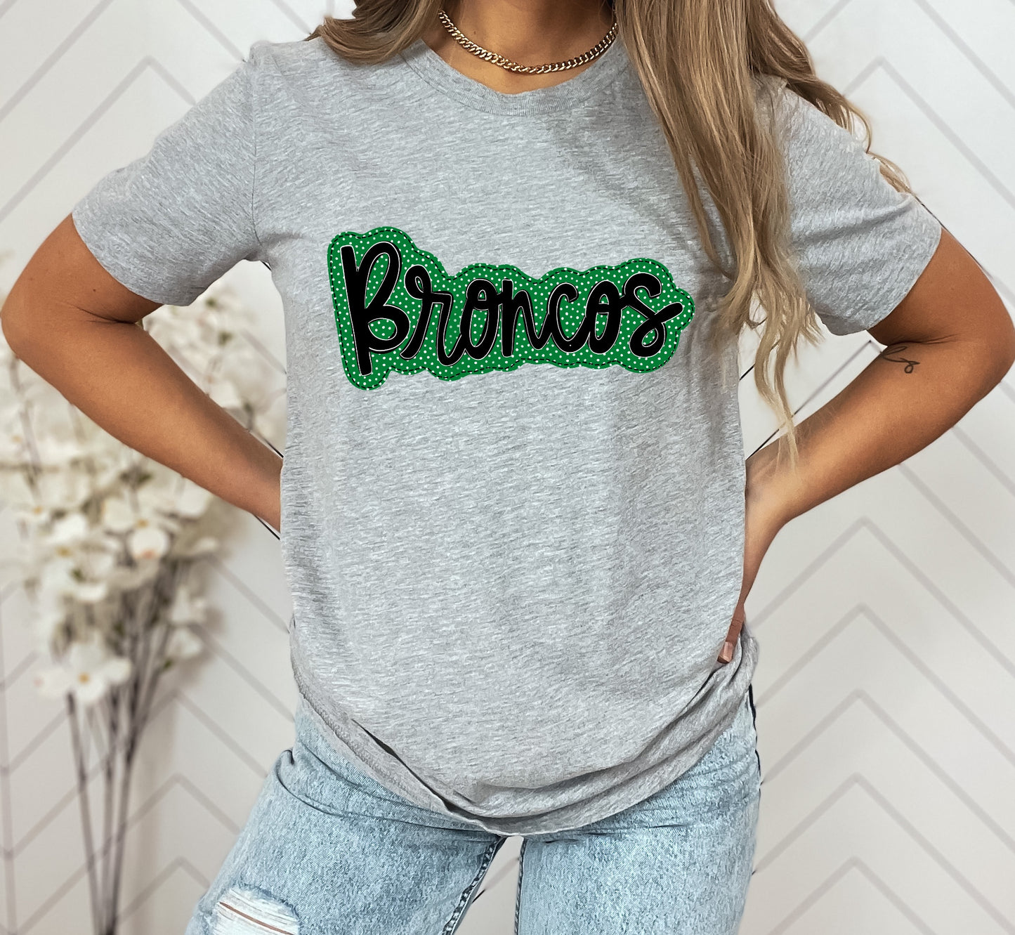 Broncos Green/Black Faux Applique Graphic Tee