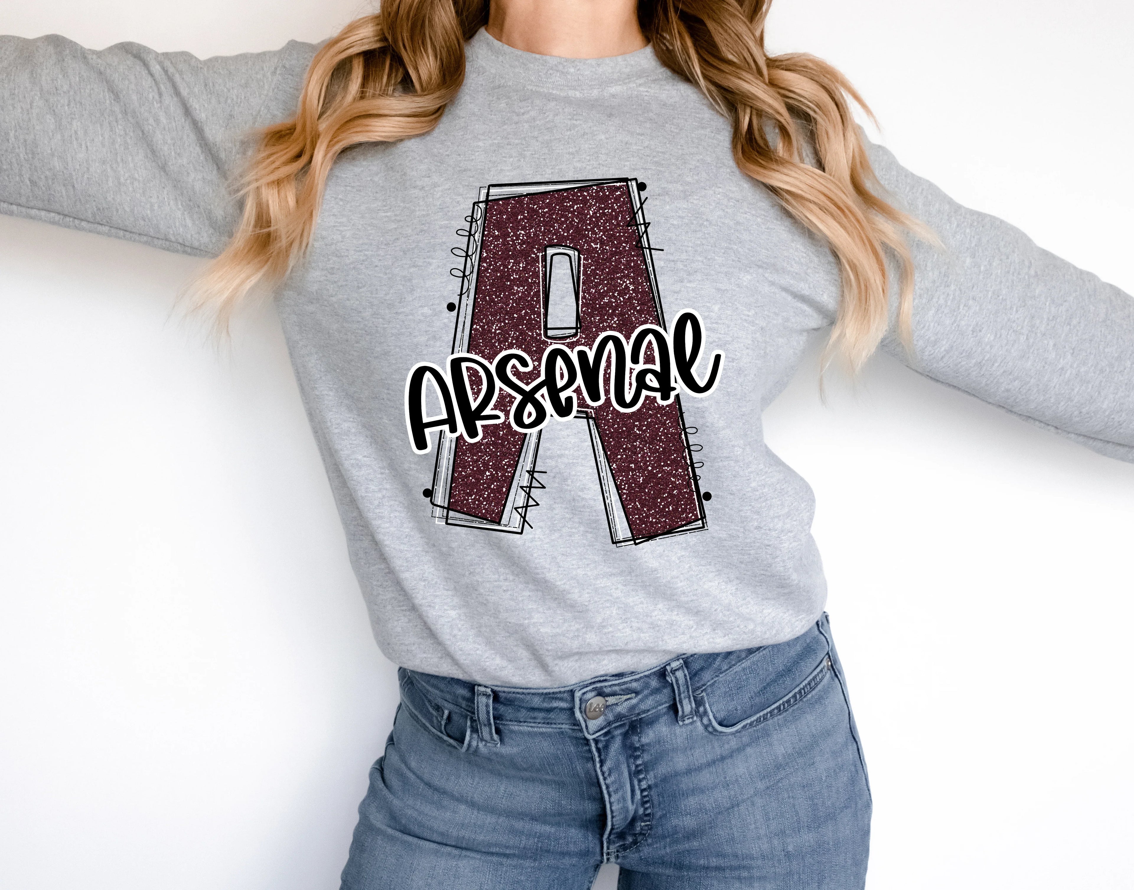 Arsenal Glitter Varsity Doodle Graphic Tee - Merch Girls