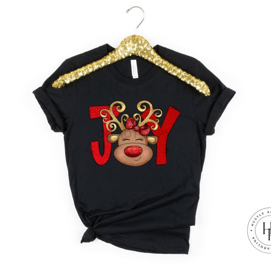 Joy Red Reindeer With Bow Christmas Graphic Tee Dtg