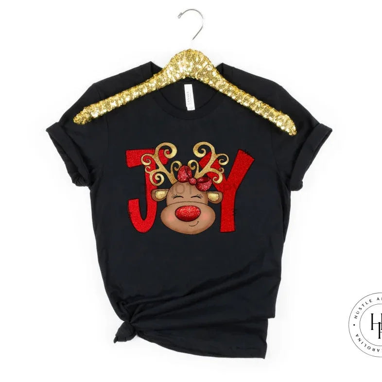 JOY Red Reindeer with Bow Christmas Graphic Tee - Merch Girls