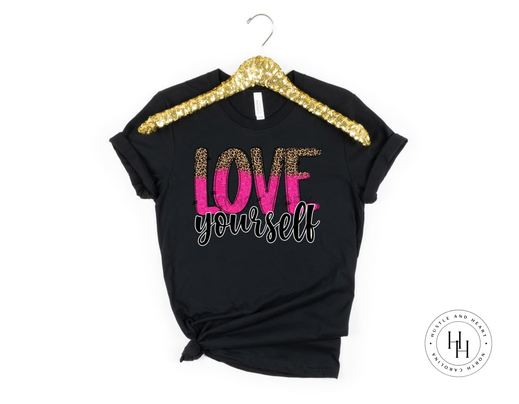 Love Yourself Hot Pink And Leopard Split Graphic Tee Youth Small Shirt