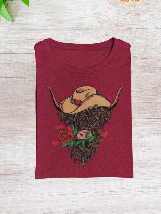 Cowboy Shaggy Highland Cow with Roses Valentine's Day Graphic Tee