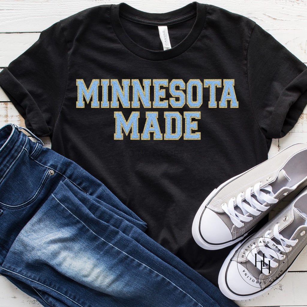 Minnesota Made Black Tee Faux Chenille Letters Graphic