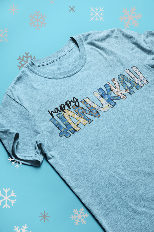 Happy Hanukkah Doodle Letters Holiday Graphic Tee