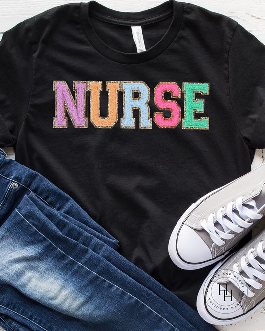 Nurse Colorful Black Tee Faux Chenille Letters Graphic