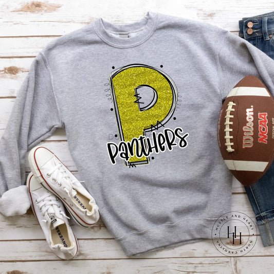 Panthers Yellow Glitter Varsity Doodle Graphic Tee Unisex Tee