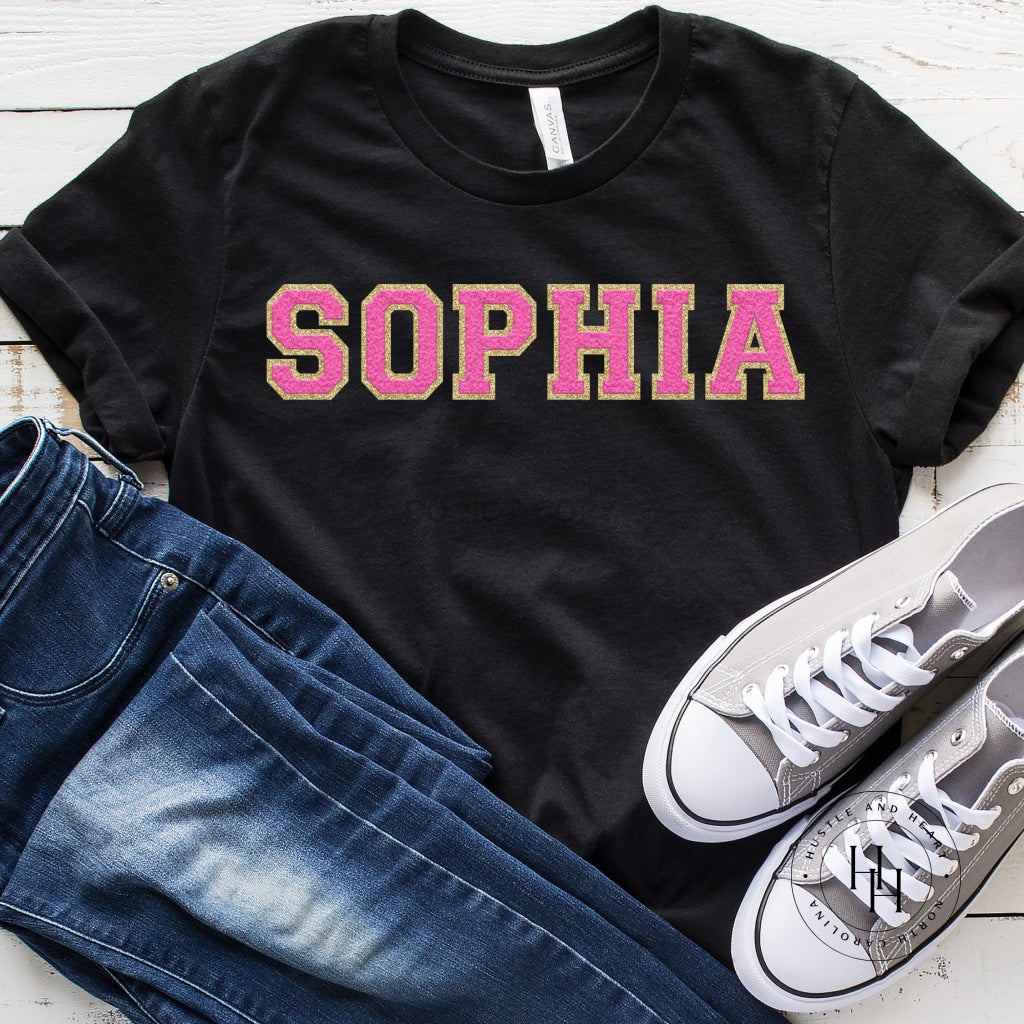 Sophia Hot Pink/gold Faux Chenille Letters Graphic Tee