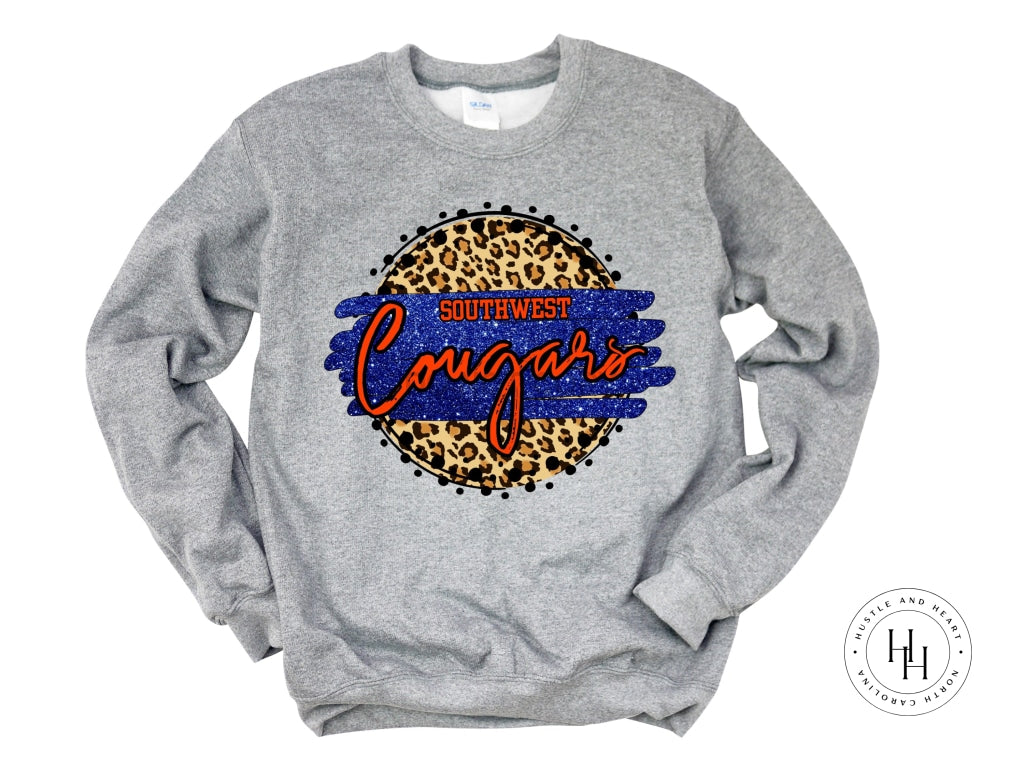 Southwest Cougars Royal Blue/orange With Black Outline Graphic Tee Tan Leopard Graphic Tee Shirt