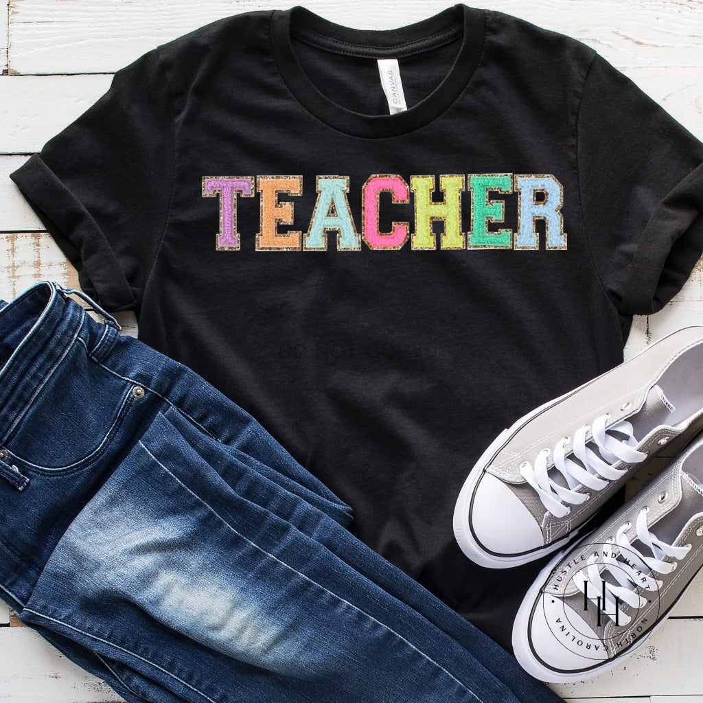 Teacher Colorful Faux Chenille Letters Graphic Tee