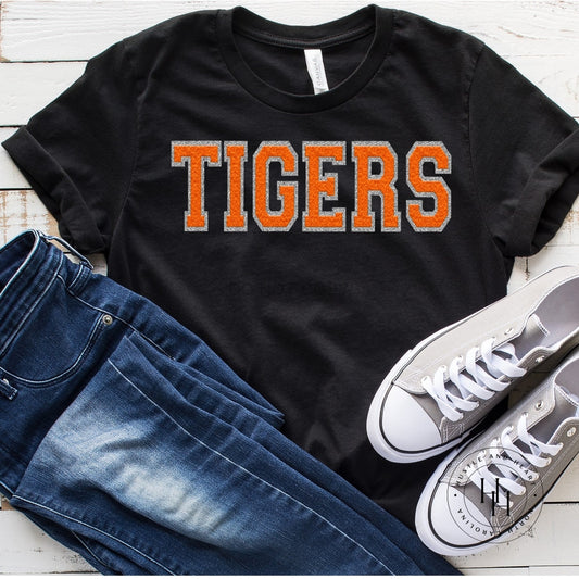 Tigers Orange Faux Chenille Letters Graphic Tee