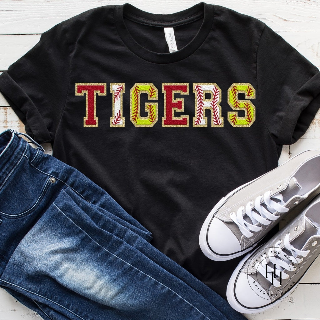 Tigers Red/baseball/softball Black Faux Chenille Letters Graphic Tee
