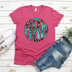 Turquoise Leopard Monogram Graphic Tee- Pink Shirt - Merch Girls