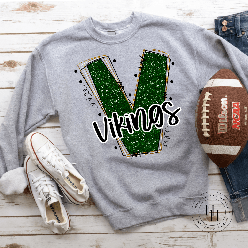 Vikings Green/gold Glitter Varsity Doodle Graphic Tee Unisex Tee